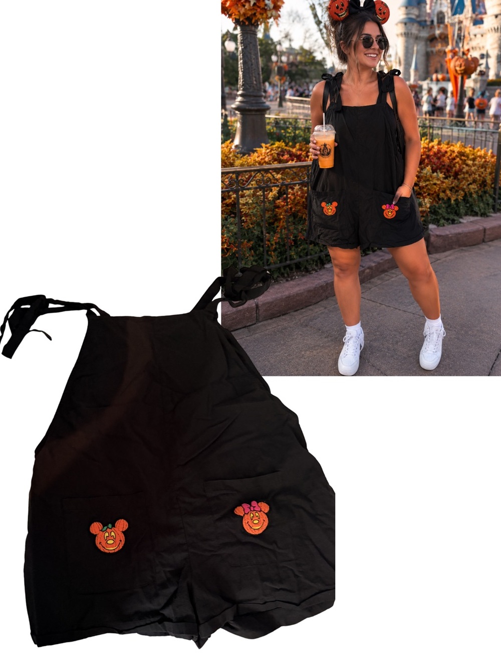 Black Women's Mickey Pumpkin Patch Tie-Shoulder Shortalls Jumpsuit